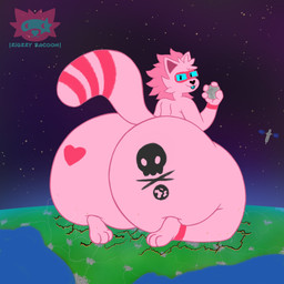 3_toes 4_fingers anthro big_butt blue_sclera butt city city_crushing cracked_ground destruction detailed_background feet fingers fur fur_markings heart_nose heart_symbol huge_butt hyper hyper_butt looking_at_viewer macro male markings moon planet planet_destruction satellite sitting_on_planet skull_(marking) solo space striped_markings striped_tail stripes tail tail_markings toes tongue tongue_out zigzzyracoon murky_winters mammal procyonid raccoon 1:1 hi_res