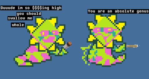 ambiguous_gender blush bodily_fluids dialogue drooling drugs duo emanata flower_(anatomy) green_body humor imminent_vore joint_in_hand leaf leaf_arms marijuana pink_spots plant rumbling_stomach saliva speech_bubble spots substance_intoxication talking_to_another text miner_mate_coffee deltarune undertale_(series) darkner elemental_creature flora_fauna floradinn reptile scalie snake english_text low_res