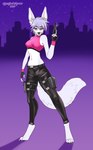 anthro black_bottomwear black_clothing black_nose black_pants blue_hair bottomwear clothed clothing fangs female front_view fur gun hair holding_gun holding_object holding_ranged_weapon holding_weapon looking_at_viewer pants pink_clothing pink_eyes pink_topwear ranged_weapon smile solo standing teeth topwear weapon white_body white_fur tiggybloom canid mammal 2020 hi_res