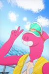 anthro blurred_background clothed clothing fence life_jacket male muscular pink_body pink_skin sea selfie sky solo visor water mkaiast brawl_stars supercell_(company) doug_(brawl_stars) dinosaur prehistoric_species reptile scalie 2:3 absurd_res hi_res