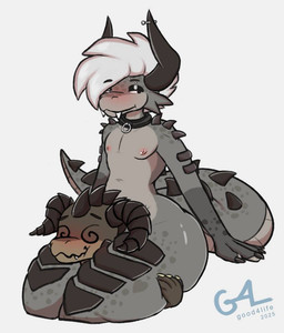 anthro blush choker duo fangs femboy head_between_thighs horn jewelry male male/male necklace nipples nude piercing simple_background spiked_tail spikes spikes_(anatomy) spiral spiral_eyes tail teeth thick_thighs good4life4ever fallout microsoft ashe_colter gevaudan_(good4life4ever) deathclaw reptile scalie