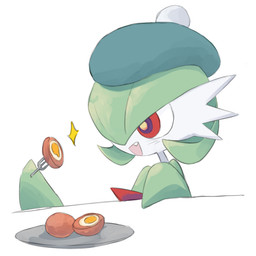 chest_spike clothing cutlery egg fangs female food fork green_body green_hair hair headgear headwear kitchen_utensils red_eyes simple_background smile solo spikes spikes_(anatomy) teeth tools white_background white_body beetarp nintendo pokemon gardevoir generation_3_pokemon humanoid pokemon_(species) 1:1 2025 sketch