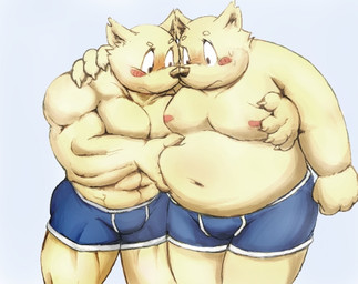 anthro belly blush bodily_fluids bulge clothing duo hug humanoid_hands kemono male male/male moobs muscular muscular_male navel nipples overweight overweight_male sweat underwear meg_hoi canid canine canis domestic_dog mammal 2015