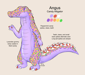 anthro back_spikes black_text candy color_swatch dessert featureless_crotch food gummy_(food) male neck_spikes peppermint_(candy) purple_body snout solo spiked_tail spikes spikes_(anatomy) standing tail teeth text cloudpie conditional_dnp nerds alligator alligatorid crocodilian food_creature gummy_creature living_candy reptile scalie 2026 digital_drawing_(artwork) digital_media_(artwork) english_text full-length_portrait hi_res krita_(artwork) model_sheet portrait