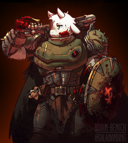 2_horns anthro armor blood blood_on_armor blood_on_face bodily_fluids clothed clothed_anthro clothed_male clothing gun horn looking_aside male muscular muscular_anthro muscular_male ranged_weapon shield shotgun solo text weapon white_body yellow_eyes salamanding doom_(series) id_software microsoft undertale undertale_(series) asriel_dreemurr doom_slayer bovid caprine goat mammal 2025 artist_name crossover digital_drawing_(artwork) digital_media_(artwork) english_description hi_res portrait three-quarter_portrait watermark