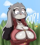 anthro big_breasts black_tipped_ears bodily_fluids breasts cleavage clothed clothing cloud female fur grey_body grey_fur long_ears nipple_outline popped_button pupils small_pupils solo sweat three-quarter_view wardrobe_malfunction nathanatwar disney zootopia judy_hopps lagomorph leporid mammal rabbit hi_res