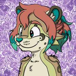 abstract_background anthro clothed clothing fur green_body green_eyes green_fur green_nose hair markings orange_hair ponytail psychedelic_background smile solo topless whisker_markings yellow_body yellow_fur trevor-fox pngtuber felid mammal pantherine snow_leopard 1:1 animated animated_gif bust_portrait portrait short_playtime subtle_animation