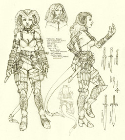 armor breasts cleavage clothed clothing curved_horn dagger female horn knife lips melee_weapon not_furry side_view solo sword text unconvincing_armor weapon ghostfire horned_humanoid humanoid tiefling english_text model_sheet monochrome