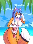 anthro beach bikini blue_eyes blue_hair breasts casual_exposure clothed clothing eyewear female fur hair looking_at_viewer nipples orange_body orange_fur sea seaside sky smile solo summer sunglasses swimwear topless topless_female two-piece_swimsuit water white_body white_fur yukkooart rena_(yukkooart) canid canine fox mammal 2021 3:4 digital_media_(artwork) hi_res shaded