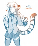 anthro bottomwear bow_(feature) bow_tie clothed clothing female fur hair legwear looking_at_viewer pleated_skirt school_uniform shirt simple_background skirt smile solo standing stripes tail text topwear uniform white_background conditional_dnp tom_fischbach toradora! twokinds aisaka_taiga flora_(twokinds) felid keidran mammal pantherine tiger 2016 adobe_photoshop_(artwork) crossover digital_media_(artwork) sketch