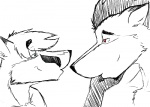 anthro black_and_white canid canine duo eye_contact hakijagu1 looking_at_another male mammal monochrome ryke side_view simple_background spot_color white_background