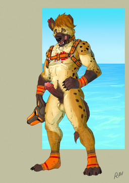 4_toes 5_fingers amber_eyes animal_mask anthro balls black_nose bodily_fluids clothing collar erection fangs feet fingers footwear fur genital_fluids genitals glans hair harness hindpaw holding_mask humanoid_hands licking licking_lips licking_own_lips male markings mask nude nude_anthro nude_male paws penis precum pup_mask red_hair socks solo spots spotted_body spotted_fur tan_body tan_fur teeth toeless_footwear toeless_socks toes tongue tongue_out wearing_collar wearing_harness wristband ravenousgnoll_(artist) axel_(klausd) hyena mammal spotted_hyena hi_res