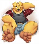 4_toes 5_fingers anthro belly biped black_nose bottomwear bulge claws clothed clothing feet fingers foot_focus front_view fully_clothed fur grey_eyes grin hand_behind_head looking_at_viewer male navel one_eye_closed overweight overweight_anthro overweight_male paws pink_soles shorts showing_teeth simple_background sitting slightly_chubby smile soles solo spread_legs spreading toe_claws toes tongue tongue_out toothy_grin tuft white_background wink yellow_body yellow_fur arley_dog arley_(arleydog) bird_dog canid canine canis domestic_dog golden_retriever hunting_dog mammal retriever 2019 digital_drawing_(artwork) digital_media_(artwork) full-length_portrait hi_res portrait