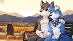 16:9 2019 anthro arm_around_neck arm_tuft artist_name bench bery blue_body blue_eyes blue_fur blue_hair blue_kerchief blue_neckerchief canid canine canis cheek_tuft closed_smile detailed_background digital_media_(artwork) digital_painting_(artwork) domestic_dog duo elbow_tuft eye_scar facial_scar facial_tuft fur glistening glistening_eyes green_eyes grey_body grey_fur hair hand_holding head_tuft kerchief kerchief_only kuttoyaki male mammal mostly_nude mouth_closed narrowed_eyes neckerchief neckerchief_only nude on_bench outside rock scar shaded shoulder_tuft sitting sitting_on_bench smile tuft white_body white_fur widescreen