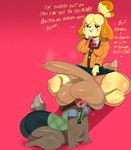 absurd_res all_fours animal_crossing anthro balls big_balls big_penis blouse blush bodily_fluids bottomwear brother_(lore) brother_and_sister_(lore) canid canine canis clothed clothing crossdressing dialogue digby_(animal_crossing) domestic_dog duo genital_fluids genitals gynomorph heart_beating hi_res huge_balls huge_penis hyper hyper_balls hyper_genitalia hyper_penis incest_(lore) intersex intersex/male isabelle_(animal_crossing) jacket kneeling lipstick makeup male mammal meme nintendo penis precum shaking shih_tzu sibling_(lore) sister_(lore) skirt string_bow tail tail_motion tailwag tayronnebr text these_aren't_my_glasses thick_thighs throbbing throbbing_penis topwear toy_dog trembling vest