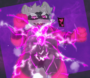 4_fingers anthro bared_teeth black_background black_nose blush blush_lines bodily_fluids body_control bodysuit bulge clothing electricity emanata eyebrows fingers fur glowing glowing_body grey_body grey_fur head_tuft heart_symbol lightning looking_down male mask mind_control open_mouth purple_background purple_bodysuit purple_clothing purple_eyes purple_glow purple_skinsuit simple_background skinsuit slightly_chubby slightly_chubby_anthro slightly_chubby_male solo square_background superhero_costume sweat sweatdrop tight_clothing tongue tuft wearing_mask young young_anthro young_male jinnosound animate_inanimate canid canine canis domestic_dog living_clothing mammal hi_res portrait three-quarter_portrait