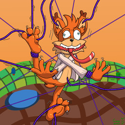 3_toes 4_fingers anthro black_nose bottomless bottomless_anthro bottomless_male brown_ear_tips cheek_tuft claws clothed clothing collared_shirt dipstick_ears ear_markings ear_tuft facial_tuft featureless_crotch feet finger_claws fingers fur fur_tuft gag gagged head_tuft inner_ear_fluff male motion_lines multicolored_body multicolored_ears multicolored_fur necktie open_clothing open_shirt open_topwear orange_body orange_fur orange_inner_ear_fluff red_necktie restrained shirt solo tail tan_body tan_fur tan_inner_ear teeth tickle_fetish tickle_torture tickling tickling_belly tickling_ears tickling_feet toe_claws toes topwear tuft white_clothing white_sclera white_shirt white_topwear yarn supergenji bubsy_(series) bubsy_4d bubsy_bobcat bobcat felid feline lynx mammal 1:1 2025 hi_res