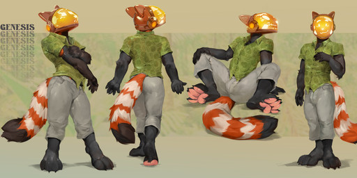 anthro armor black_body black_fur bottomwear clothed clothing front_view fur green_clothing green_topwear grey_bottomwear grey_clothing grey_pants headgear helmet male male_anthro markings orange_body orange_fur pants pawpads pink_pawpads rear_view simple_background sitting solo standing striped_markings striped_tail stripes tail tail_markings topwear white_body white_fur oselotti ambiguous_species hi_res model_sheet