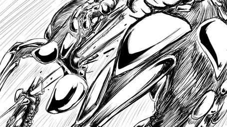 ambiguous_gender backflip bullet group gunshot machine metal metallic_body robot_dismemberment shot_in_throat spine torn_skin trio wounded dragonweirdo humanoid robot robot_humanoid 16:9 hi_res monochrome widescreen