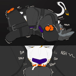 69_position anthro bitchsuit bodily_fluids bondage_gear bound chain chained cum cum_in_mouth cum_inside cum_on_face duo fellatio genital_fluids genitals glk male male/male oral penile penis sex rynnks kinktober_2025 canid canine canis felid lion mammal pantherine wolf 1:1 2025 hi_res