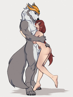 4_toes 5_fingers animal_genitalia anthro balls black_nose breasts butt duo feet female female_human female_on_anthro fingers fur genitals grey_body grey_fur hair hindpaw hug human_on_anthro humanoid_hands interspecies male male/female male_anthro male_on_human multicolored_body multicolored_fur nude nude_anthro nude_female nude_human nude_male paws red_hair sheath smile tail toes two_tone_body two_tone_fur white_body white_fur lotusgarden luna_(police1007) canid canine canis human mammal wolf 2022 hi_res