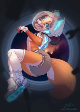 5_fingers anthro armor astronaut_helmet bent_legs blue_eyes boots brown_claws brown_eyebrows brown_hair brown_nose butt claws clean_diaper clothed clothed_anthro clothed_female clothing countershade_face countershade_fur countershade_legs countershade_tail countershading crossed_ankles cute_fangs diaper electronics eyebrows eyelashes fangs female female_anthro finger_claws fingerless_gloves fingers floating footwear fur gloves grey_clothing grey_footwear grey_shoes hair handwear headgear headphones headset headset_microphone helmet legwear lips looking_at_viewer monotone_hair multicolored_body multicolored_fur open_mouth open_smile orange_body orange_fur pink_lips pink_tongue plantigrade pupils shoes short_hair side_view slim slim_anthro slim_female smile smiling_at_viewer socks solo space spacecraft star stockings tail teeth text tongue topwear vehicle wearing_diaper white_body white_clothing white_countershading white_fingerless_gloves white_footwear white_fur white_gloves white_handwear white_headgear white_helmet white_legwear white_sclera white_socks white_stockings white_topwear young young_anthro young_female zero_gravity bonk victoria_lancaster canid canine fox mammal 2023 absurd_res digital_media_(artwork) full-length_portrait hi_res portrait signature url