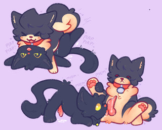 black_body black_fur bodily_fluids chibi cum curled_tail duo feral fur genital_fluids genitals knot long_tail male male/male oral penile_spines penis tail tan_body tan_fur yellow_eyes young young_male pebbeanz lancelot_(pebbeanz) nellie_(pebbeanz) canid canine canis domestic_cat domestic_dog felid feline felis mammal shiba_inu spitz hi_res