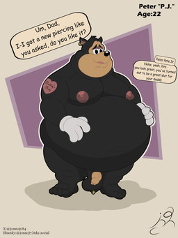 anthro balls belly big_belly black_body black_eyes black_nose clothing countershade_face countershading dialogue ear_piercing ear_ring flaccid foreskin genital_piercing genitals gloves gloves_only handwear handwear_only huge_belly male male/male moobs mostly_nude navel nipples obese obese_male overweight overweight_male penis piercing ring_piercing scrotum_piercing solo text white_clothing white_gloves white_handwear jon_noj disney goof_troop pj_(goof_troop) domestic_cat felid feline felis mammal 3:4 absurd_res english_text hi_res