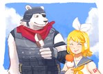 anthro beach clothed clothing dessert duo eating eating_food eye_patch eyewear female food fully_clothed ice_cream male military_clothing seaside walking landaksedih epic_games fortnite kagamine_rin polar_patroller bear human mammal polar_bear ursine absurd_res hi_res