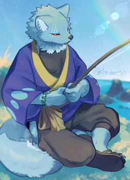 5_fingers anthro asian_clothing biped blurred_background claws clothed clothed_anthro clothed_male clothing day detailed_background east_asian_clothing eye_scar facial_scar fingers fishing_rod footwear fur holding_fishing_rod holding_object humanoid_hands inner_ear_fluff japanese_clothing lens_flare male male_anthro narrowed_eyes on_ground outside red_sclera ruff sandals scar sea shoes sitting sitting_on_ground sky solo tail three-quarter_view toe_claws tuft twitter_handle water wristband yukata tsukihi_aizawa reki_(tsukihi_aizawa) canid canine canis mammal wolf 2026 digital_media_(artwork) hi_res japanese_description signature