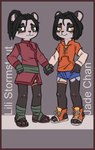 3_toes 4_fingers accessory anthro anthrofied belt black_body black_fur black_hair black_nose blush bottomwear clothed clothing countershade_face countershade_torso countershading denim denim_bottomwear denim_clothing denim_shorts duo feet female female/female fingers footwear fur gesture green_belt grey_background grey_eyes hair hair_accessory hair_ring hand_gesture hand_holding hand_wraps jacket leg_ring leg_wraps looking_at_viewer nails orange_clothing orange_jacket orange_topwear pantsless pink_clothing pink_shirt pink_topwear pointing pointing_at_self ponytail sandals shirt shoes shorts simple_background smile standing text toeless_footwear toeless_shoes toes topwear wraps yellow_eyes young young_anthro young_female crowskull blizzard_entertainment warcraft jade_chan li_li_stormstout bear mammal pandaren 2025 absurd_res colored digital_drawing_(artwork) digital_media_(artwork) hi_res