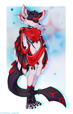 3_fingers 4_ears anthro black_body black_claws black_feathers black_fur black_sclera bottomwear claws cloak clothed clothing feathers feet fingers fur hair loincloth looking_at_viewer male multi_ear multicolored_body red_body red_clothing red_eyes smile smiling_at_viewer smirk solo standing tail toes tuft white_body white_feathers winged_arms wings strawberrynightmilk gigamen avali avian absurd_res hi_res