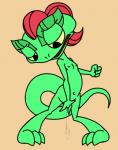 anthro bodily_fluids female genital_fluids genitals hair masturbation navel nipples nude open_mouth pussy red_hair solo standing vaginal vaginal_fluids vaginal_masturbation young unknown_artist dreamworks lizzie_green_(dreamworks) lizard reptile scalie