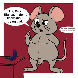 anthro balls black_nose dialogue dildo flaccid genitals humanoid_genitalia humanoid_penis male nude open_mouth penis sex_toy slightly_chubby solo standing text fabricationist disney the_rescuers_(disney) bernard_(the_rescuers) mammal mouse murid murine rodent 1:1 2025 english_text hi_res