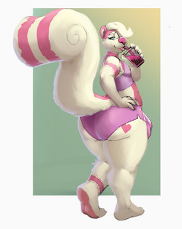 5_fingers ankle_markings anthro arm_markings barefoot beverage big_bulge big_butt biped border bottomwear bubble_tea bulge butt butt_markings choker_(marking) claws closed_smile clothed clothed_anthro clothed_male clothing container countershade_fur countershade_torso countershading cup curled_tail detailed_bulge drinking_straw drinking_straw_in_mouth eyebrows feet femboy finger_claws fingerpads fingers fur genital_outline gradient_background green_background green_eyes hair hand_on_hip hand_on_own_hip heart_(marking) holding_beverage holding_container holding_cup holding_object humanoid_hands inner_ear_fluff leg_markings lips looking_back male male_anthro markings mouth_closed multicolored_body multicolored_fur pawpads penis_outline pink_body pink_bottomwear pink_clothing pink_countershading pink_ears pink_fur pink_lips pink_markings pink_nose pink_pawpads pink_shorts pink_soles pink_stripes pink_topwear plantigrade purple_bottomwear purple_claws purple_clothing purple_finger_claws purple_shorts purple_topwear shorts simple_background skunk_tail smile solo standing striped_body striped_fur striped_markings striped_tail stripes tail tail_markings thick_bottom_lip thick_thighs three-quarter_view topwear tuft two_tone_body two_tone_fur walking white_body white_border white_eyebrows white_fur white_hair white_inner_ear white_inner_ear_fluff wide_hipped_anthro wide_hipped_male wide_hips gorrister nargle nargle_(nargleflex) mammal mephitid skunk striped_skunk digital_media_(artwork) full-length_portrait hi_res portrait shaded