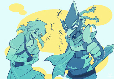 anthro beak belly_grab biped bodily_fluids clothed clothing crying duo eyes_closed feathers gesture hand_gesture laugh looking_at_viewer male open_mouth pointing pointing_at_viewer scarf simple_background tears tears_of_joy text tenebscuro breath_of_the_wild nintendo the_legend_of_zelda link revali avian humanoid hylian rito hi_res japanese_text