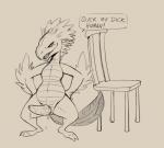 anthro bedroom_eyes bodily_fluids chair dirty_talk erection furniture genital_fluids genitals male narrowed_eyes penis seductive smile solo text daftpatriot deus_ex avian greasel reptile scalie 2020 english_text hi_res