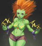 big_hair blue_eyes body_hair bottomwear breasts chain chest_hair clothed clothing crossgender electricity fangs female fingernails green_body green_skin hair looking_at_viewer muscular muscular_female muscular_humanoid nails navel not_furry open_mouth orange_hair shorts solo teeth topless hybridmink capcom street_fighter blanka humanoid hi_res