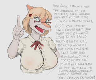 anthro big_breasts blonde_hair breasts clothed clothing collared_shirt dialogue dress_shirt eyewear female gesture glasses green_eyes hair hand_gesture humor looking_at_viewer multicolored_body pointing pointing_at_viewer shirt simple_background solo talking_to_viewer text topwear two_tone_body white_background brokenmojo cavemanon_studios goodbye_volcano_high ko_op_(game_developer) snoot_game naomi_(gvh) dinosaur hadrosaurid ornithischian ornithopod parasaurolophus prehistoric_species reptile scalie english_text