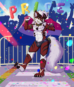 anthro bisexual_pride_colors bracelet bulge clothing collar fur hair jewelry lgbt_pride looking_at_viewer male nipple_piercing nipples piercing pride_colors rainbow_pride_colors red_body red_fur solo spiked_bracelet spiked_collar spikes tail teeth text underwear white_body white_fur divided-raccoon nintendo pokemon jazzaaro_(character) canid canine generation_7_pokemon lycanroc mammal midnight_lycanroc pokemon_(species) artist_name digital_drawing_(artwork) digital_media_(artwork) hi_res