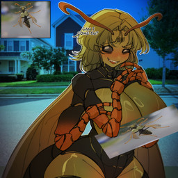 4_arms antennae_(anatomy) anthro arthropod_abdomen back_wings big_breasts blonde_hair breasts brown_body claws eyelashes female glistening glistening_body glistening_breasts glistening_thighs green_eyes hair hands_together huge_breasts multi_arm multi_limb multicolored_body orange_body real sharp_teeth smile solo talking_to_viewer teeth text upper_teeth wide_hips wings yellow_body warl_granada wasp_girl_(warl_granada) arthropod hymenopteran insect wasp 1:1 2026 absurd_res censored digital_drawing_(artwork) digital_media_(artwork) english_text hi_res reference_image