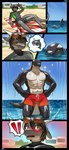 2023 anthro beach beach_blanket black_body blush brown_eyes brown_hair bulge cetacean clothing codyblue-731 comic dolphin dragon duo eyewear green_eyes grey_body hair hairless hi_res horn male male/male mammal marine muscular muscular_male mythological_creature mythological_scalie mythology noble_(nakasuji) oceanic_dolphin orca paws reptile scalie sea seaside sunglasses swimming_trunks swimwear tail toothed_whale water wet wet_body wetsuit wingless_dragon