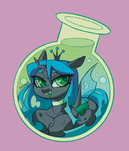 black_body blue_hair blue_tail bottle chibi container crown cute_fangs eyebrows fangs green_eyes green_sclera hair headgear horn insect_wings lying open_mouth open_smile potion potion_bottle smile solo tail teeth wings dodsie friendship_is_magic hasbro my_little_pony queen_chrysalis_(mlp) arthropod changeling_(mlp) hi_res