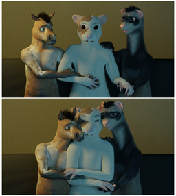 anthro border cuddling group hand_holding male nuzzling white_border blackxeno_(artist) untied_verbeger_(modeler) domestic_ferret equid equine horse mammal mouse murid murine mustelid musteline rodent true_musteline weasel 3d_(artwork) blender_(artwork) comic digital_media_(artwork) hi_res source_request