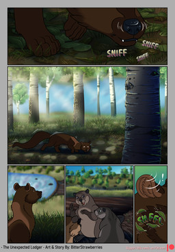 buckteeth claws dam ear_tuft ear_twitch female forest lake leaves_on_ground male plant sniffing teeth text tree tuft water bitterstrawberries atlas_(bitterstrawberries) echo_(bitterstrawberries) husq_(bitterstrawberries) kobalt_(bitterstrawberries) beaver fisher_(animal) gulonine mammal mustelid musteline rodent comic english_text hi_res daughter_(lore) father_(lore) father_and_child_(lore) father_and_daughter_(lore) parent_(lore) parent_and_child_(lore) parent_and_daughter_(lore)