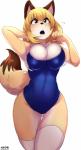 5_fingers anthro big_breasts blonde_hair blue_eyes blush breasts brown_body brown_fur cheek_tuft cleavage clothed clothing dipstick_tail facial_tuft female fingers front_view fur hair kemono legwear markings multicolored_tail one-piece_swimsuit open_mouth orange_body orange_fur raised_arm school_swimsuit simple_background solo stockings swimwear tail tail_markings thick_thighs thigh_highs tuft white_background buried_frog canid canine fox mammal 2018 absurd_res hi_res portrait three-quarter_portrait