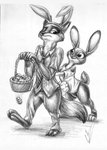 2019 absurd_res anthro barefoot basket bottomwear canid canine clothed clothing container disney duo easter easter_egg fake_ears fake_rabbit_ears feet fox fully_clothed fur hi_res holding_object holidays judy_hopps lagomorph leporid looking_at_another lupiarts mammal monochrome necktie nick_wilde pants rabbit red_fox shirt simple_background smile topwear true_fox white_background zootopia