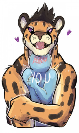 ambiguous_gender anthro blep blush clothed clothing duo heart_symbol hug looking_down male muscular teeth tongue tongue_out topless nolow nolow_(character) ych_(character) cheetah felid feline mammal hi_res