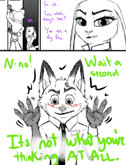 anthro clothed clothing female fur male police police_uniform uniform progressoftomorrow disney zootopia judy_hopps nick_wilde canid canine fox lagomorph leporid mammal rabbit red_fox true_fox comic hi_res source_request