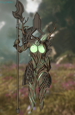 areola blurred_background breasts faceless fantasy female genitals green_breasts green_nipples green_vulva holding_object holding_weapon lancelier melee_weapon nipples not_furry nude polearm spear standing vulva weapon crytonic clair_obscur_expedition_33 animate_inanimate humanoid unknown_species hi_res